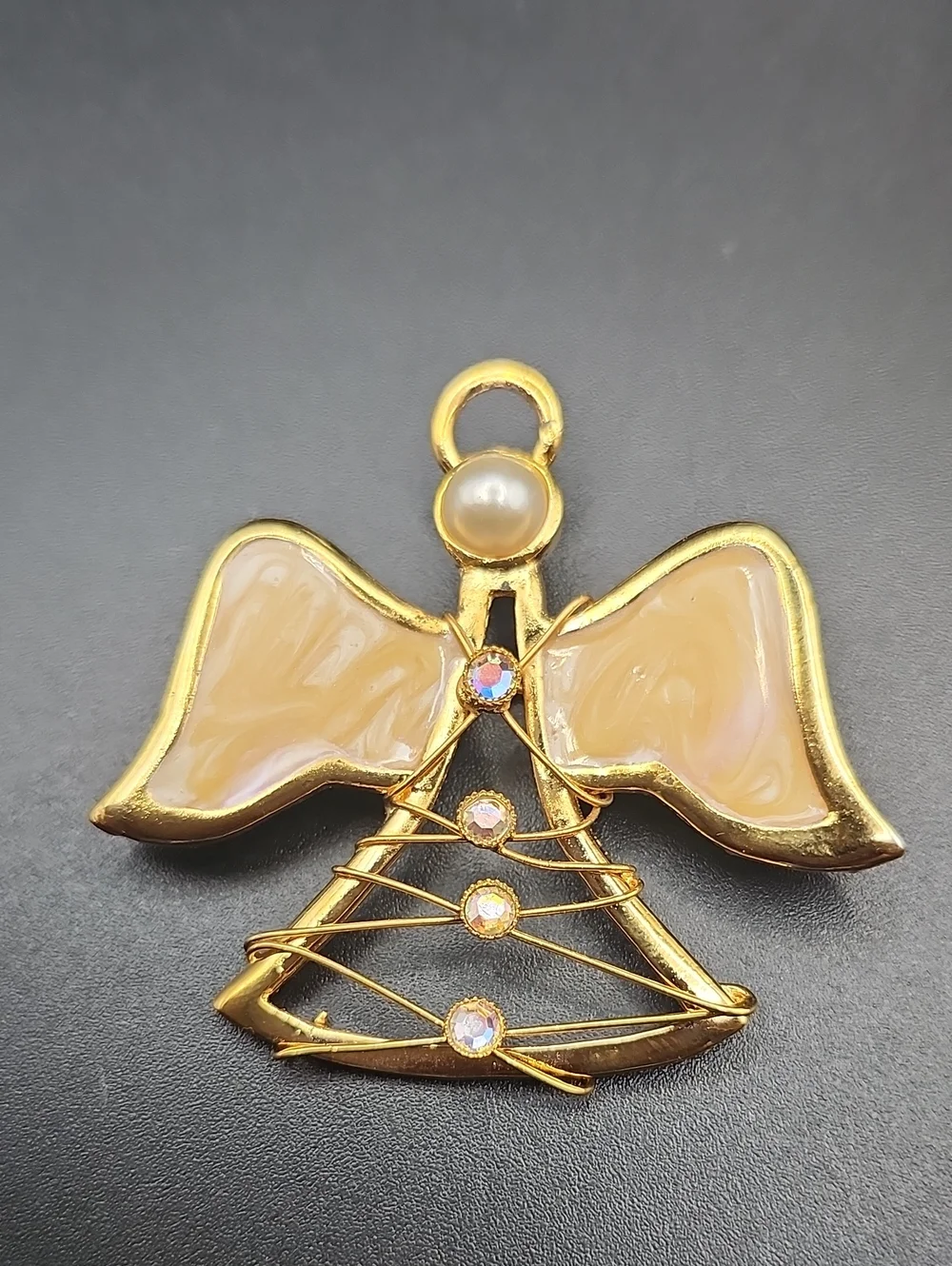 Gold-Tone Angel Brooch with Cream Enamel Wings and Faux Pearl